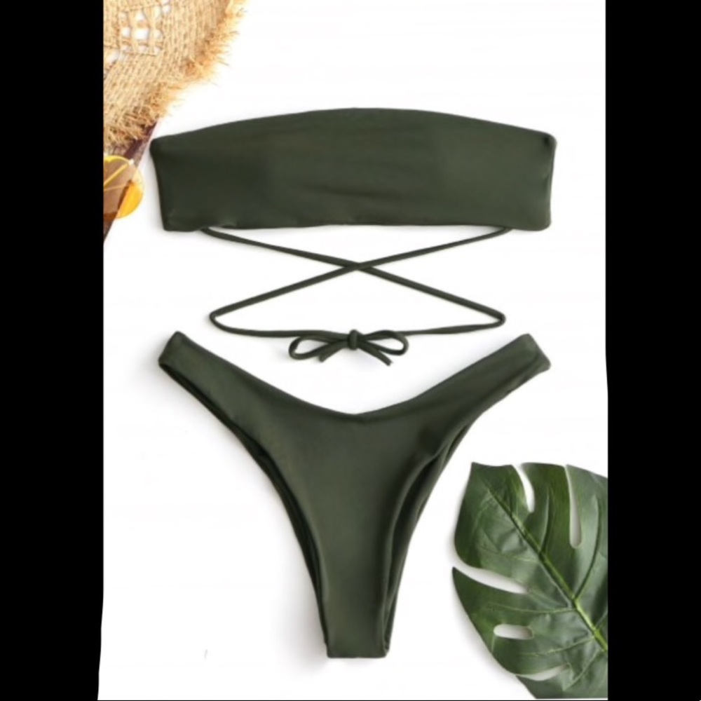 Green strapless thong bikini set